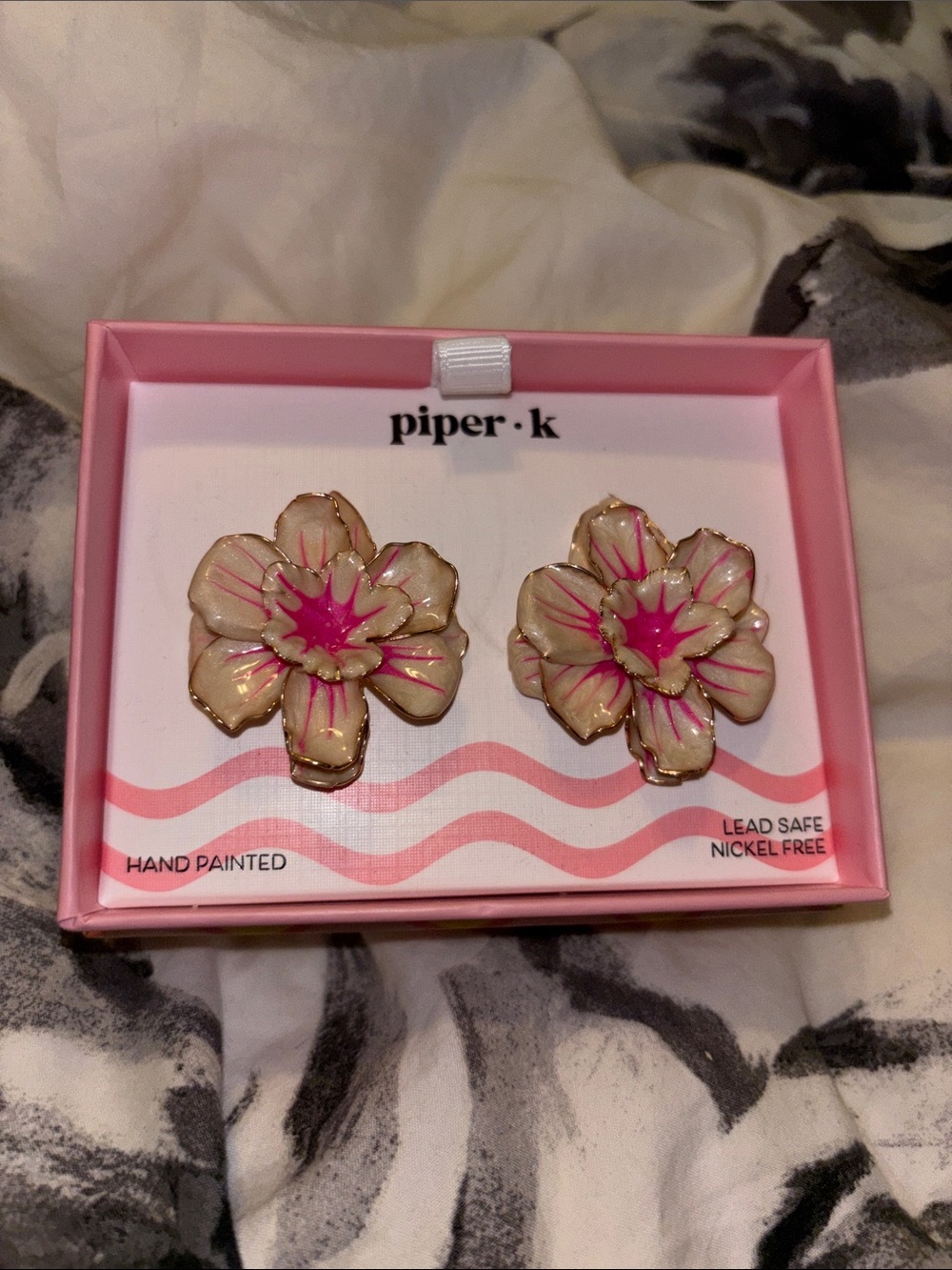 Piper K Pink & Cream Hand Painted Floral Earrings